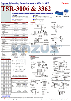 TSR-3362 datasheet - Square Trimming Potentiometer - 3006 & 3362