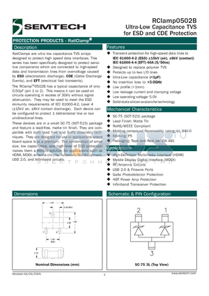 RCLAMP0502B.TCT datasheet - Ultra-Low Capacitance TVS for ESD and CDE Protection