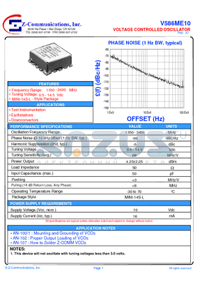 V586ME10 datasheet - LOW COST - HIGH PERFORMANCE VOLTAGE CONTROLLED OSCILLATOR