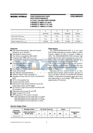 V58C2256164S datasheet - HIGH PERFORMANCE 2.5 VOLT 256 Mbit DDR SDRAM