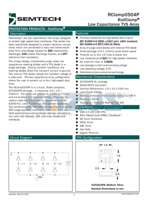 RCLAMP0504P datasheet - RailClamp^ Low Capacitance TVS Array