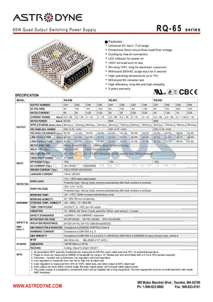 RQ-65 datasheet - 65W Quad Output Switching Power Supply