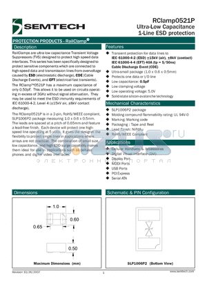 RCLAMP0521P.TCT datasheet - Ultra-Low Capacitance 1-Line ESD protection