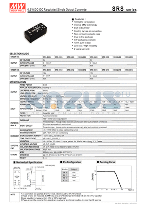 SRS-0505 datasheet - 0.5W DC-DC Regulated Single Output Converter