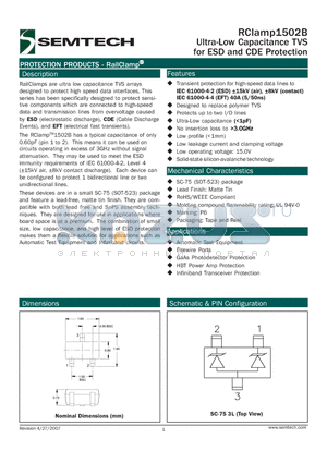 RCLAMP1502B datasheet - Ultra-Low Capacitance TVS for ESD and CDE Protection
