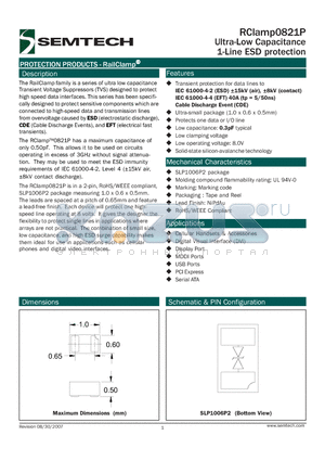 RCLAMP0821P datasheet - Ultra-Low Capacitance 1-Line ESD protection
