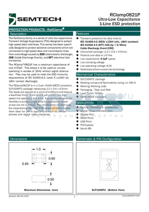 RCLAMP0821P.TCT datasheet - Ultra-Low Capacitance 1-Line ESD protection