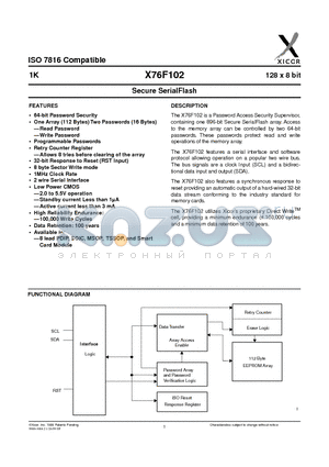 X76F102M8 datasheet - The X76F102 is a Password Access Security Supervisor, containing one 896-bit Secure SerialFlash array