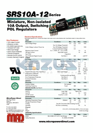 SRS10A-12 datasheet - Miniature, Non-isolated 10A Output, Switching POL Regulators