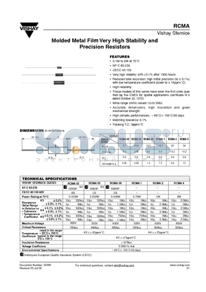 RCMA2 datasheet - Molded Metal Film Very High Stability and Precision Resistors
