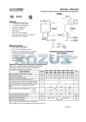 SRS1620 datasheet - 16.0Amps Surface Mount Schottky Barrier Rectifiers