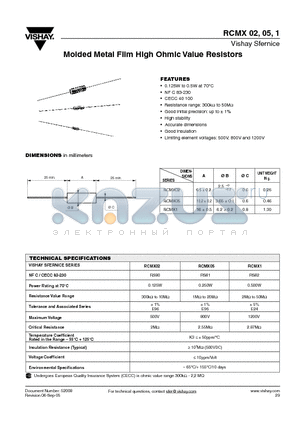 RCMX1 datasheet - Molded Metal Film High Ohmic Value Resistors