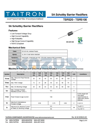 TSR520 datasheet - 5A Schottky Barrier Rectifiers