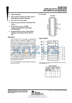 SN100KT5538 datasheet - OCTAL ECL-TO-TTL TRANSLATOR WITH OPEN-COLLECTOR OUTPUTS