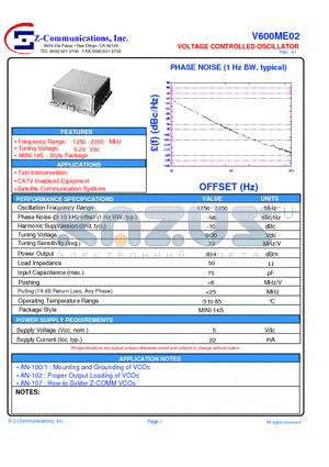 V600ME02 datasheet - VOLTAGE CONTROLLED OSCILLATOR