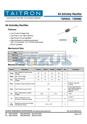 TSR845 datasheet - 8A Schottky Rectifier