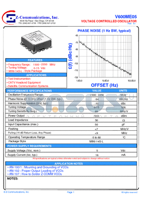 V600ME05 datasheet - LOW COST - HIGH PERFORMANCE VOLTAGE CONTROLLED OSCILLATOR