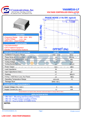 V600ME05-LF datasheet - VOLTAGE CONTROLLED OSCILLATOR