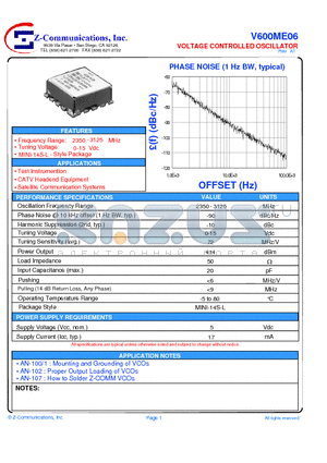 V600ME06 datasheet - LOW COST - HIGH PERFORMANCE VOLTAGE CONTROLLED OSCILLATOR