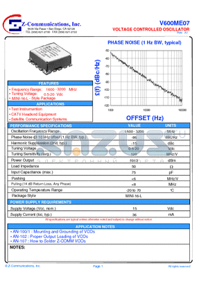 V600ME07 datasheet - LOW COST - HIGH PERFORMANCE VOLTAGE CONTROLLED OSCILLATOR