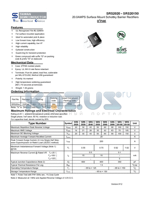 SRS2020 datasheet - 20.0AMPS Surface Mount Schottky Barrier Rectifiers