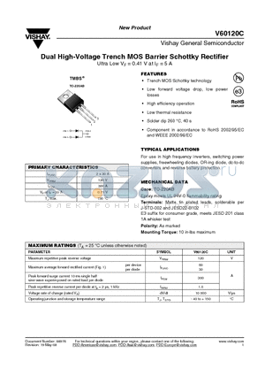 V60120C datasheet - Dual High-Voltage Trench MOS Barrier Schottky Rectifier Ultra Low VF = 0.41 V at IF = 5 A