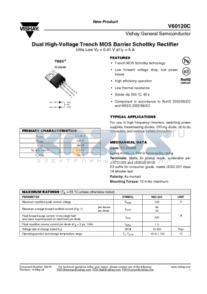 V60120C-E3/4W datasheet - Dual High-Voltage Trench MOS Barrier Schottky Rectifier Ultra Low VF = 0.41 V at IF = 5 A