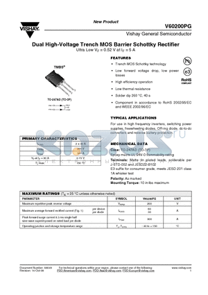 V60200PG-E3/45 datasheet - Dual High-Voltage Trench MOS Barrier Schottky Rectifier Ultra Low VF = 0.52 V at IF = 5 A