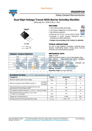 V60200PGW datasheet - Dual High-Voltage Trench MOS Barrier Schottky Rectifier