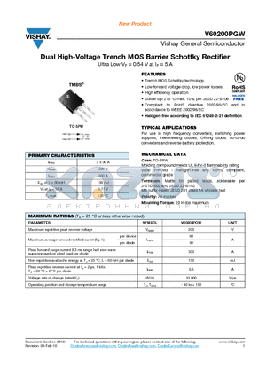 V60200PGW-M3-4W datasheet - Dual High-Voltage Trench MOS Barrier Schottky Rectifier
