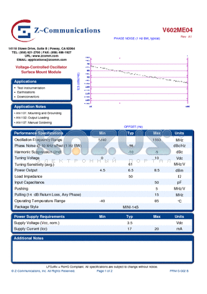 V602ME04 datasheet - Voltage-Controlled Oscillator Surface Mount Module