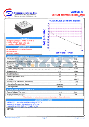 V602ME07 datasheet - LOW COST - HIGH PERFORMANCE VOLTAGE CONTROLLED OSCILLATOR