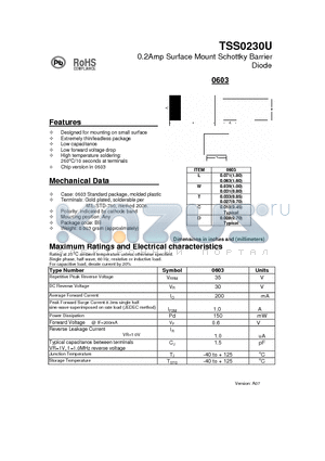 TSS0230U datasheet - 0.2Amp Surface Mount Schottky Barrier Diode