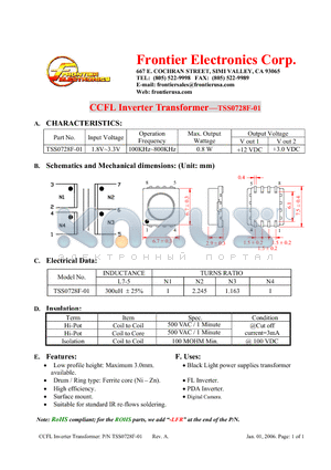 TSS0728F datasheet - CCFL Inverter Transformer