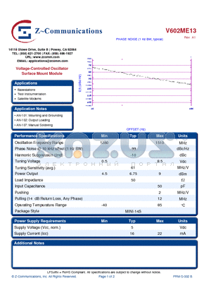 V602ME13_10 datasheet - Voltage-Controlled Oscillator Surface Mount Module