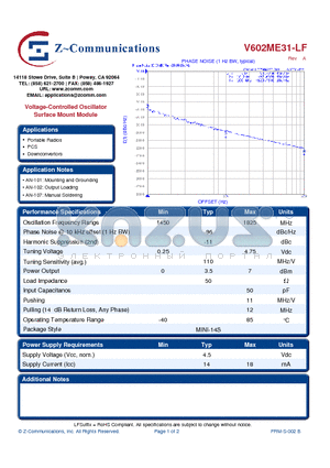 V602ME31-LF datasheet - Voltage-Controlled Oscillator Surface Mount Module