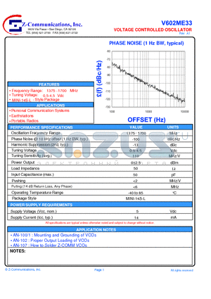 V602ME33 datasheet - VOLTAGE CONTROLLED OSCILLATOR