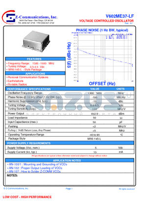 V602ME37-LF datasheet - VOLTAGE CONTROLLED OSCILLATOR