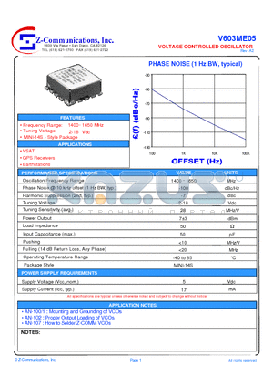 V603ME05 datasheet - LOW COST - HIGH EPRFORMANCE VOLTAGE CONTROLLED OSCILLATOR