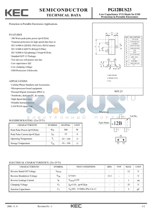 PG12BUS23 datasheet - Low Capacitance TVS Diode for ESD Protection in Portable Electronics