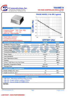 V603ME19 datasheet - VOLTAGE CONTROLLED OSCILLATOR