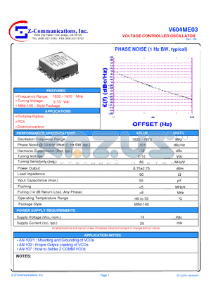 V604ME03 datasheet - VOLTAGE CONTROLLED OSCILLATOR