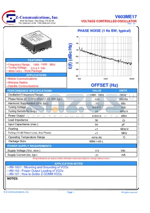 V603ME17 datasheet - LOW COST - HIGH PERFORMANCE VOLTAGE CONTROLLED OSCILLATOR