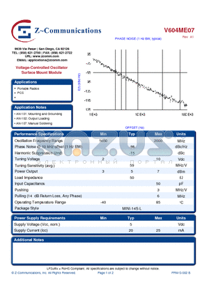 V604ME07 datasheet - Voltage-Controlled Oscillator Surface Mount Module