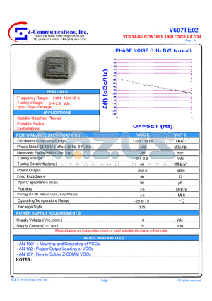 V607TE02 datasheet - LOW COST - HIGH PERFORMANCE VOLTAGE CONTROLLED OSCILLATOR