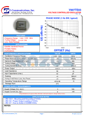 V607TE03 datasheet - LOW COST - HIGH PERFORMANCE VOLTAGE CONTROLLED OSCILLATOR