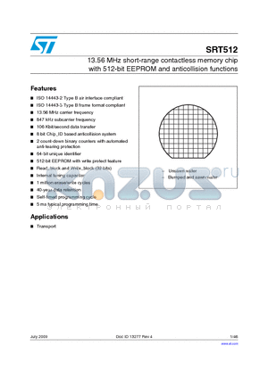 SRT512_09 datasheet - 13.56 MHz short-range contactless memory chip with 512-bit EEPROM and anticollision functions