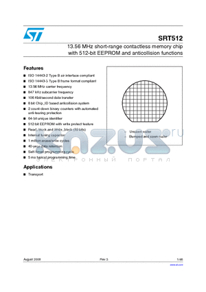 SRT512-W41GE datasheet - 13.56 MHz short-range contactless memory chip with 512-bit EEPROM and anticollision functions