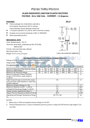 PG154 datasheet - GLASS PASSIVATED JUNCTION PLASTIC RECTIFIER(VOLTAGE - 50 to 1000 Volts CURRENT - 1.5 Amperes)