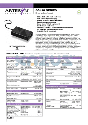 SCL25 datasheet - Single and dual output 25 Watt AC/DC external power supplies